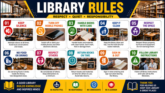 Library rules infographic poster with ten colorful icons and text explaining proper conduct and regulations for students and visitors in a school or public reading room setting