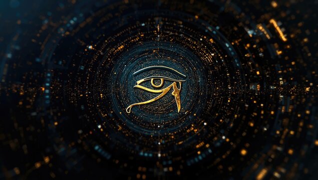 Golden Eye of Horus Symbol Surrounded by Glowing Digital Elements in a Dark Background