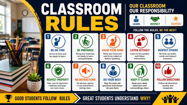 Classroom rules poster with pixel art icons for school and educational guidelines
