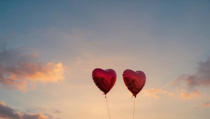 Obraz premium Heart-Shaped Balloons Floating in the Sky at Sunset