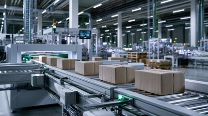 Fototapeta premium Boxes move along a conveyor belt in a busy warehouse during day time