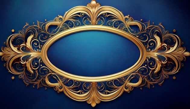 ornate gold scrolling frames a central oval on rich textured blue