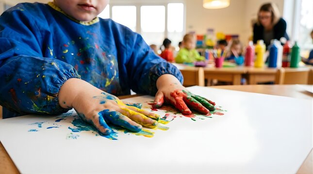 Child painting with colorful hands on white paper in classroom setting