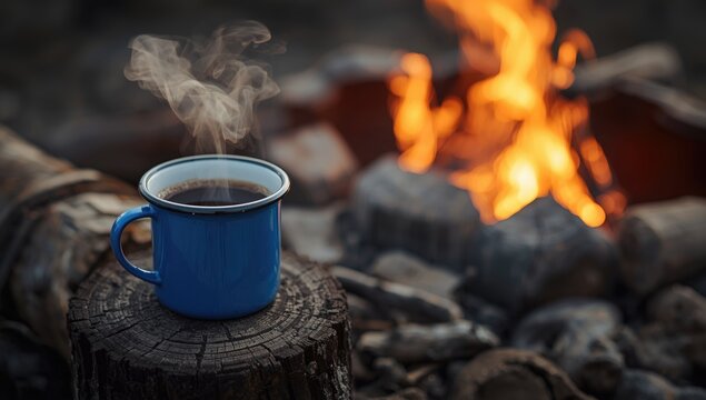Steaming Blue Mug of Coffee on Log Near Campfire at Dusk