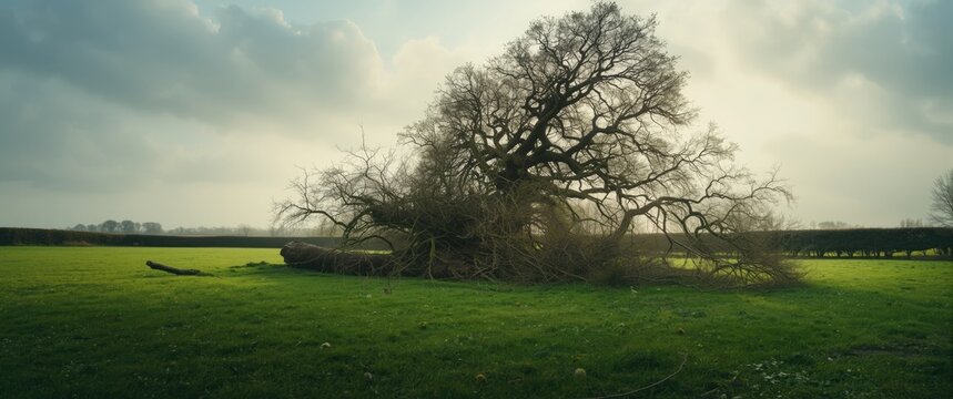 Fallen Tree in a Lush Green Field Under Dramatic Clouds