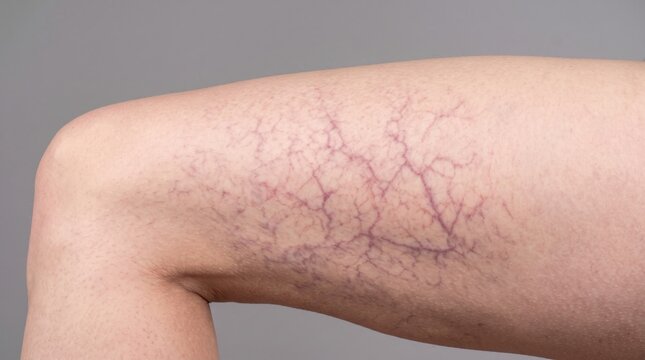 Macro close up of spider veins and broken capillaries on human leg, varicose vein vascular disease concept.