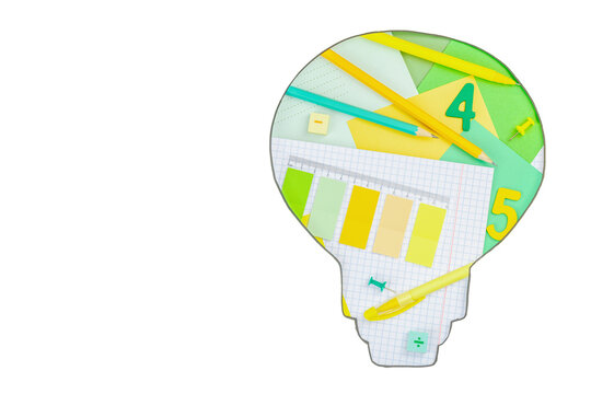 Back to School, STEM concepts, composition of educational supplies within a light bulb silhouette