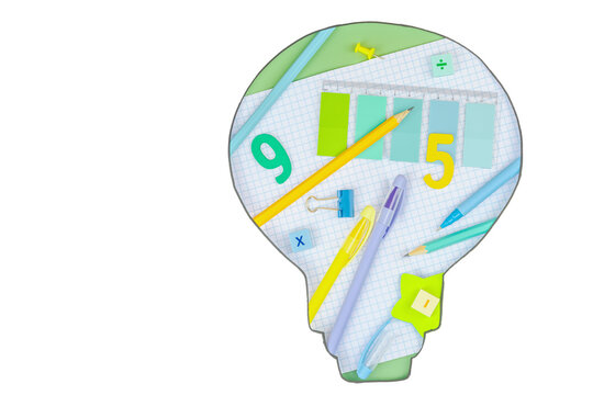 Back to School, STEM concepts, composition of educational supplies within a light bulb silhouette