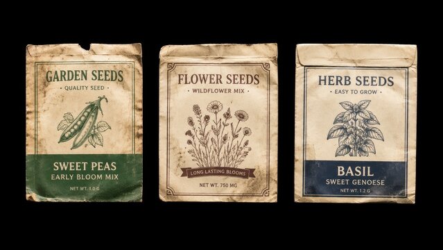 Three vintage seed packets isolated on black background