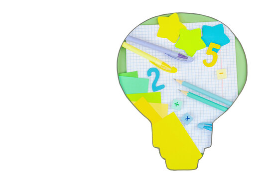 Back to School, STEM concepts, composition of educational supplies within a light bulb silhouette