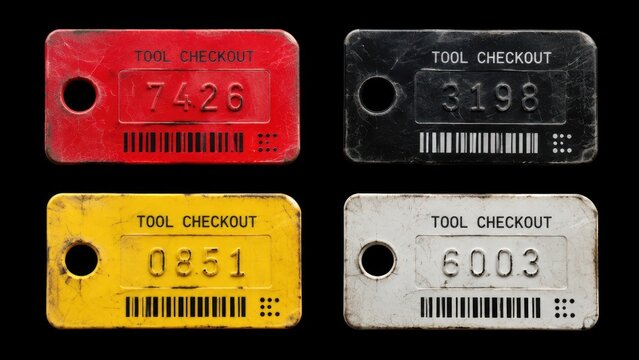 Four worn tool checkout tags isolated on a black background