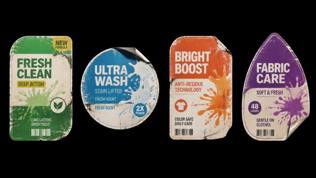 Set of worn colorful laundry detergent labels on black background