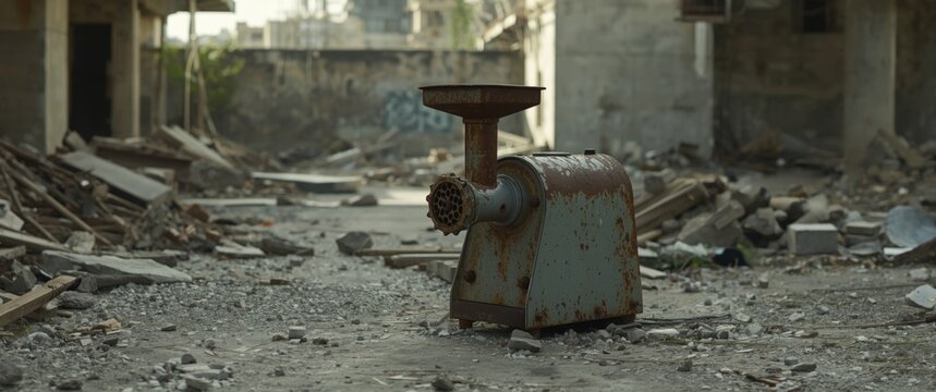 Rusty Meat Grinder in Abandoned Industrial Site - Overgrown Debris, Atmospheric Lighting