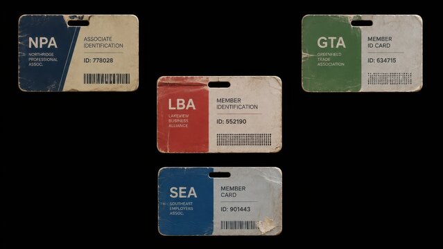 Four worn identification cards isolated on black background