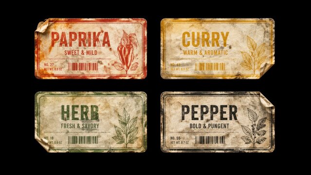Set of vintage spice labels isolated on black background