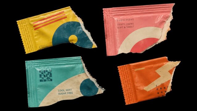 Collection of torn colorful candy wrappers isolated on black