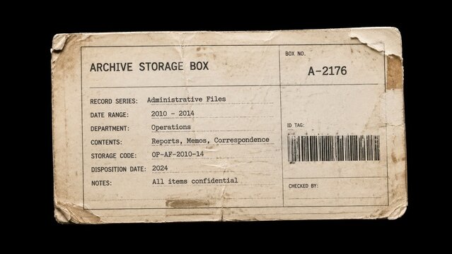 Worn archive storage box label with barcode on black background