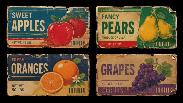Set of worn vintage fruit crate labels on black background