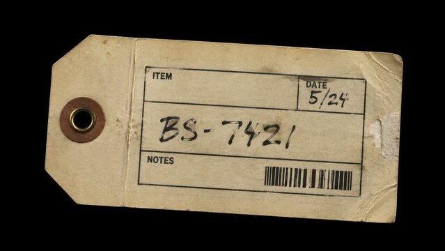 Worn inventory tag with handwritten number on black background