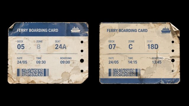 Two worn ferry boarding cards isolated on black background