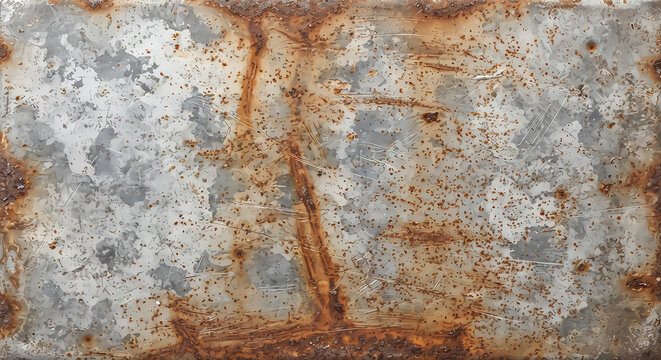 A high resolution full frame background texture featuring a weathered galvanized metal sheet with heavy orange rust streaks and peeling paint marks throughout the surface