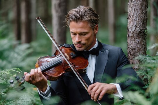Musician performs violin in serene forest setting surrounded by lush greenery
