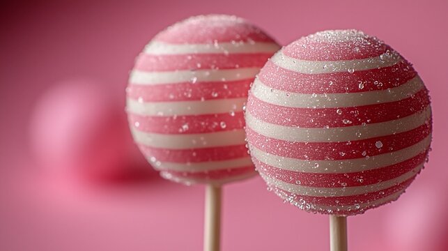 Pink striped cake pops close-up, blurred pink background, sweet treat, food photography