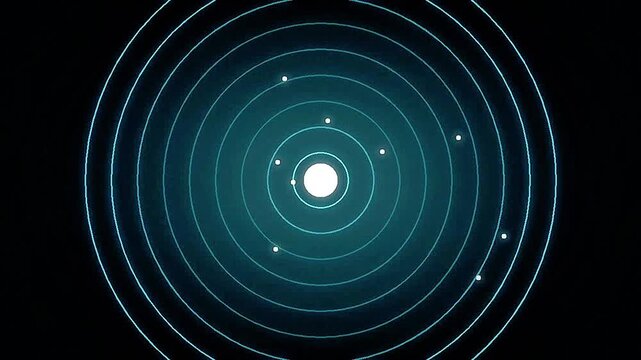 Abstract planetary orbit diagram showing planets revolving around a sun in stylized concentric circles