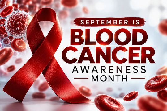 September is Blood Cancer Awareness Month Red Ribbon and Cells