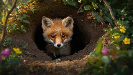 Obraz premium Curious Fox Peeking Out from Den Surrounded by Colorful Wildflowers