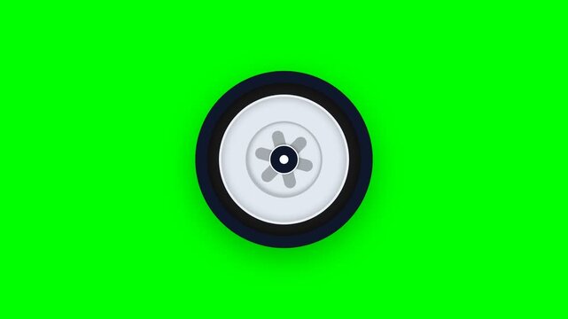 Animated flat design car wheel with changing rim colors on a green screen background.