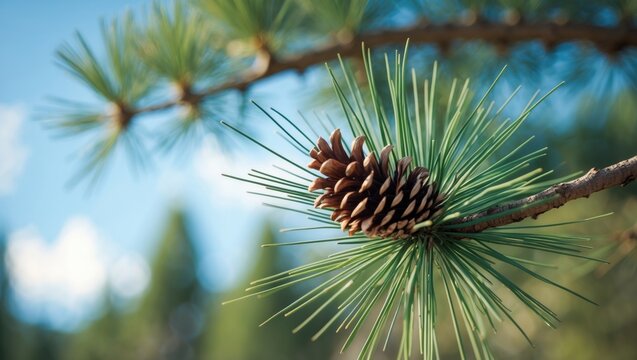 Pine tree with three species pine cones in the spring forest against a blue sky spring background