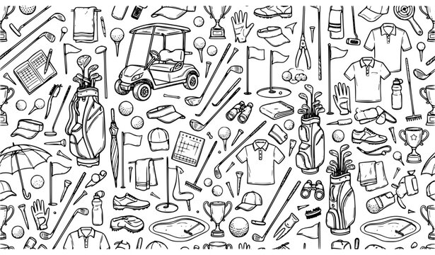 Golf Sports Doodle Seamless Pattern Black Outline Leisure Equipment Vector Background