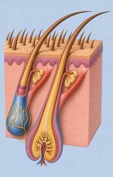 Human skin cross section with hair follicles sebaceous glands nerves and blood vessels