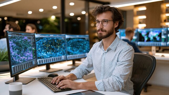 Person works at computer setup with multiple monitors displaying data analysis in a modern office space during evening hours