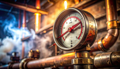 Obraz premium Atmospheric closeup of a vintage industrial pressure gauge on copper pipes with rising steam, evoking intensity, danger, and control. A steam engineering concept with no people.