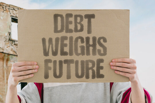 "Debt Weighs Future" Post-war reconstruction will be financed by borrowing. DEBT. FINANCE. RECOVERY. BURDEN. OBLIGATION.