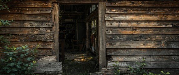Fototapeta premium Abandoned Wooden Cabin Doorway Surrounded by Overgrown Vegetation in Soft Light