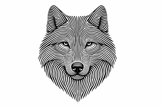 Artistic image of a wolf's head with detailed black lines, line art illustration, AI generated