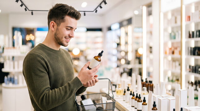 A man stands in a beauty store looking at a bottle of skincare product. He holds a shopping basket and examines different items on the shelves