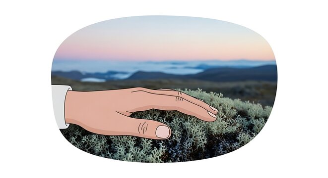 Hand with nail ridges touching lichen in mountain nature landscape