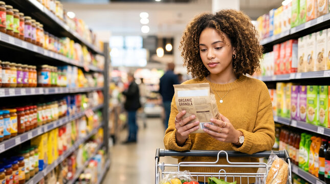 A woman stands in a grocery store aisle reading the label on a package of organic granola. She pushes a shopping cart that has several items in it