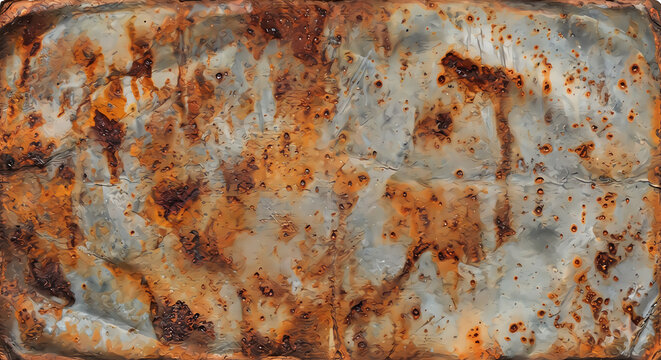 A detailed close up view of a heavily weathered metal surface featuring intricate patterns of orange rust and decaying paint texture for background design