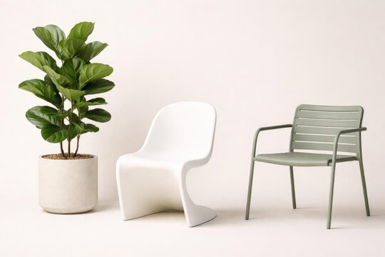 Modern Chairs and Potted Plant in Minimalist Setting with Neutral Background