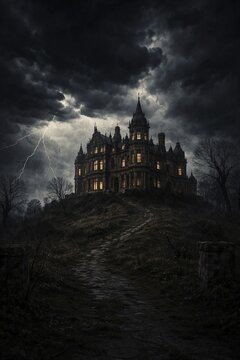 A gloomy castle on a hill on a stormy night full of lightning, old manor house in a mysterious landscape, AI generated