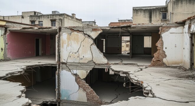 Abandoned, partially collapsed building showing large cracks, construction materials failure concept, AI generated