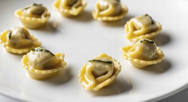 A detailed view of freshly made agnolotti del plin, a traditional Piedmontese filled pasta, garnished with a herb and presented on a clean white surface, AI generated
