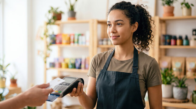 A customer hands a card to a cashier in a shop. The cashier is wearing an apron and smiling. The shop has many products displayed on shelves and plants