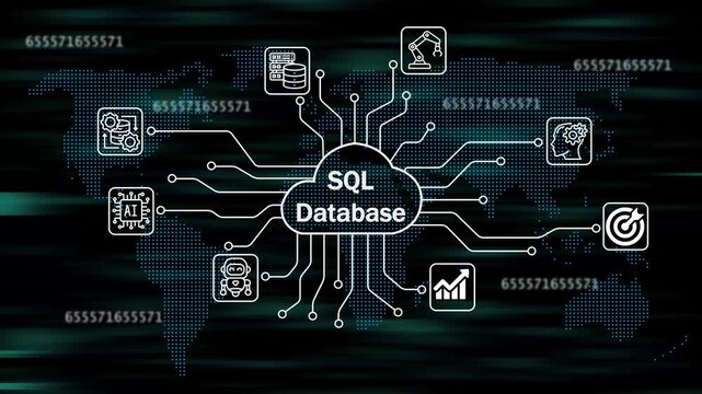 SQL database icons for software services on cloud system. Strategic business success. Business concept. Internet and networking technology. 4k animation video 