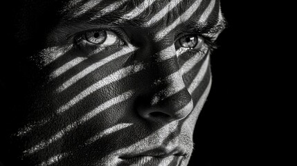 Obraz premium Close-up of a face with striped shadows creating an intense look, AI generated